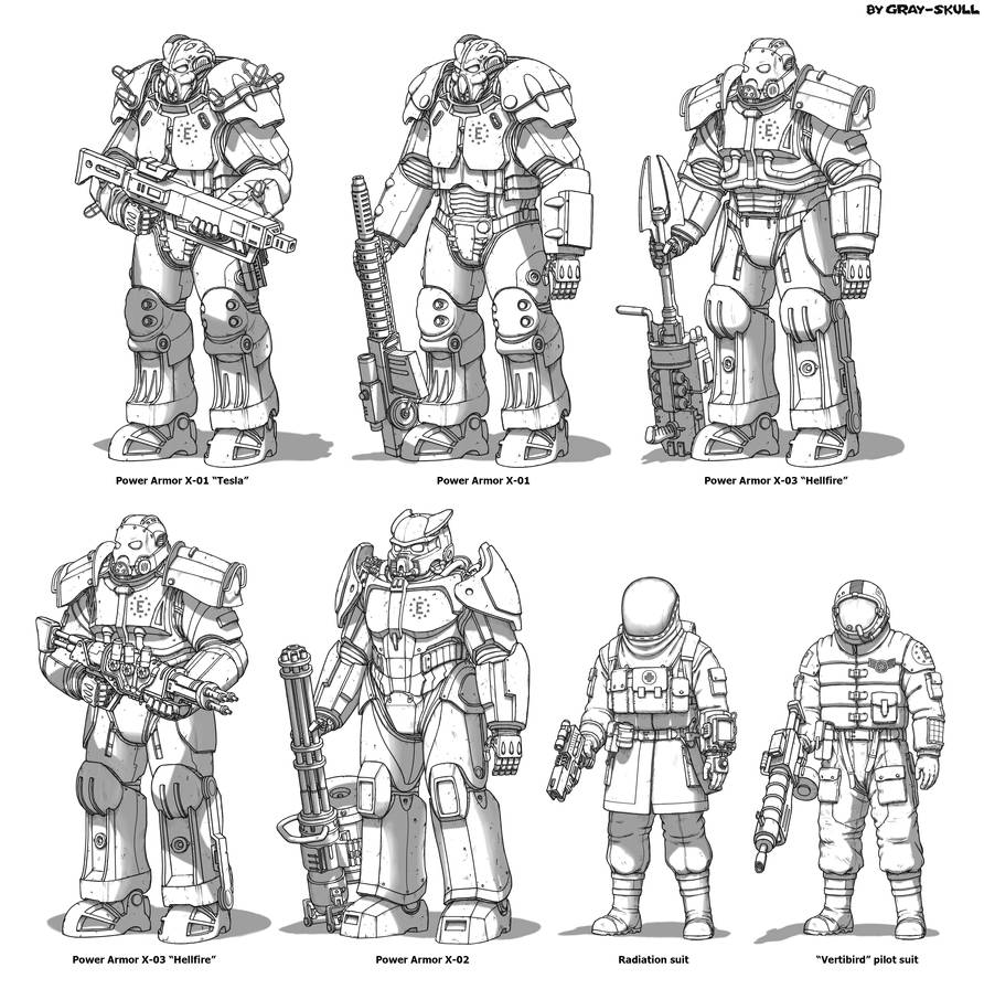 Enclave power armor suits and weapon by gray