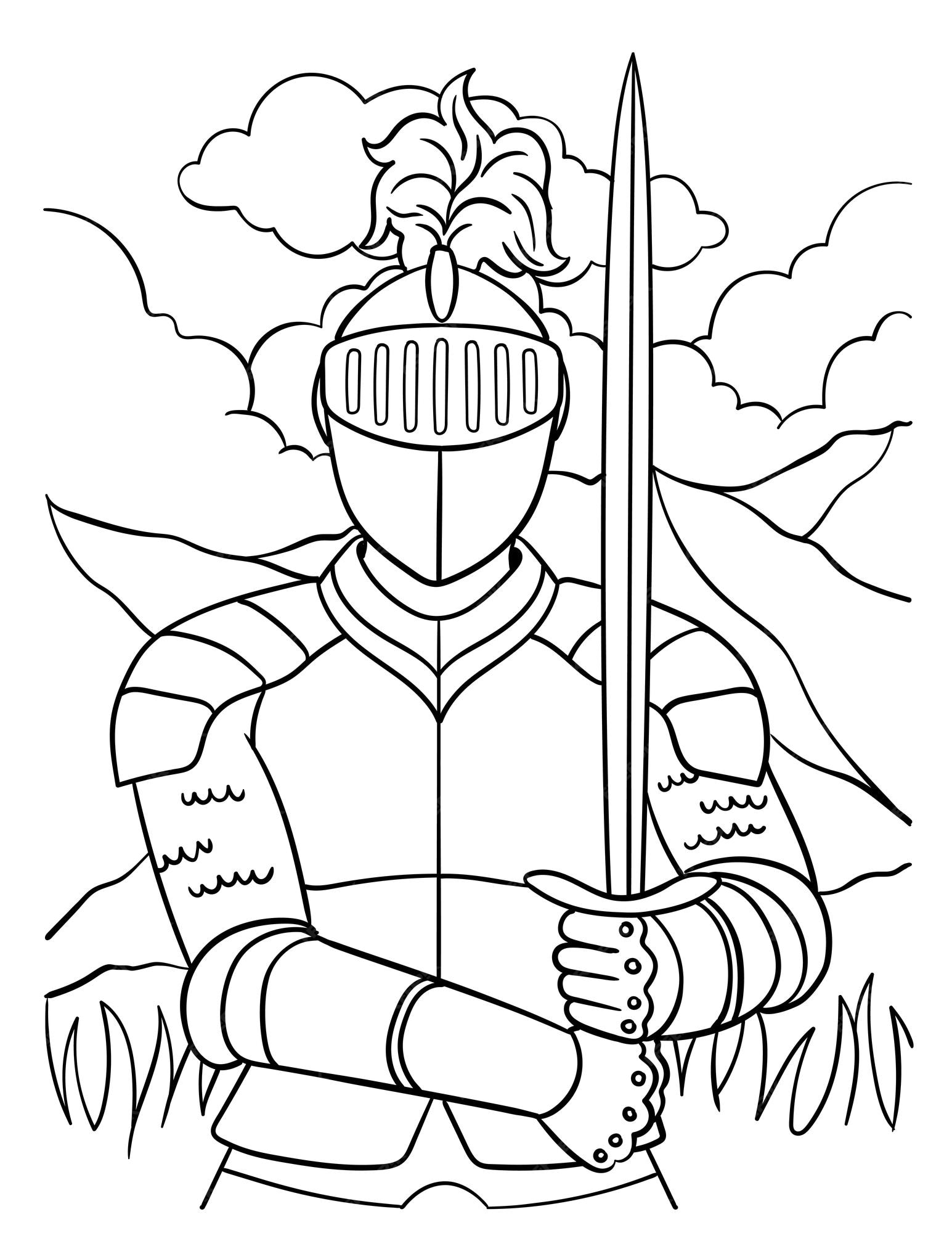 Premium vector knight in armor coloring page for kids