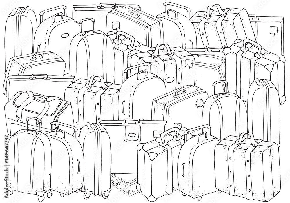 Set of bags and suitcases coloring book page for adult and children black and white doodle style vector