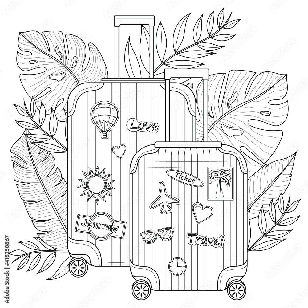 Suitcase with tropical leaves and stickerscoloring book antistress for children and adults illustration isolated on white backgroundzen