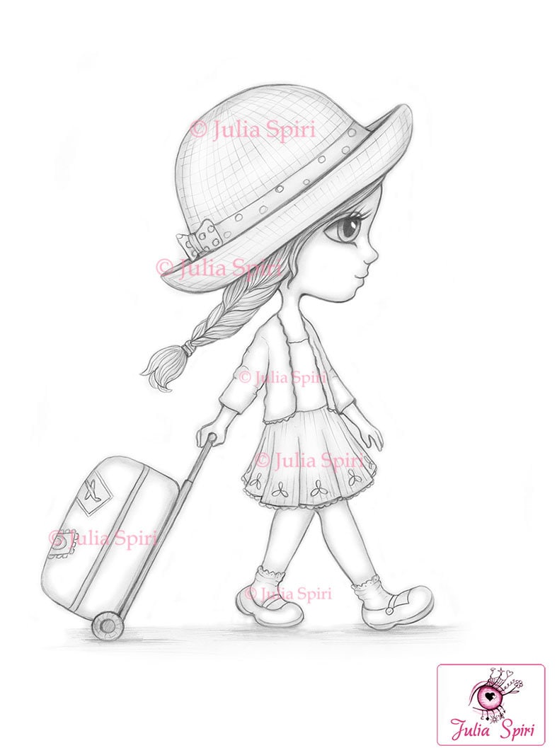 Travel coloring page digital stamp digi cute girl traveler adventure trip tour suitcase fantasy crafting whimsy ellie