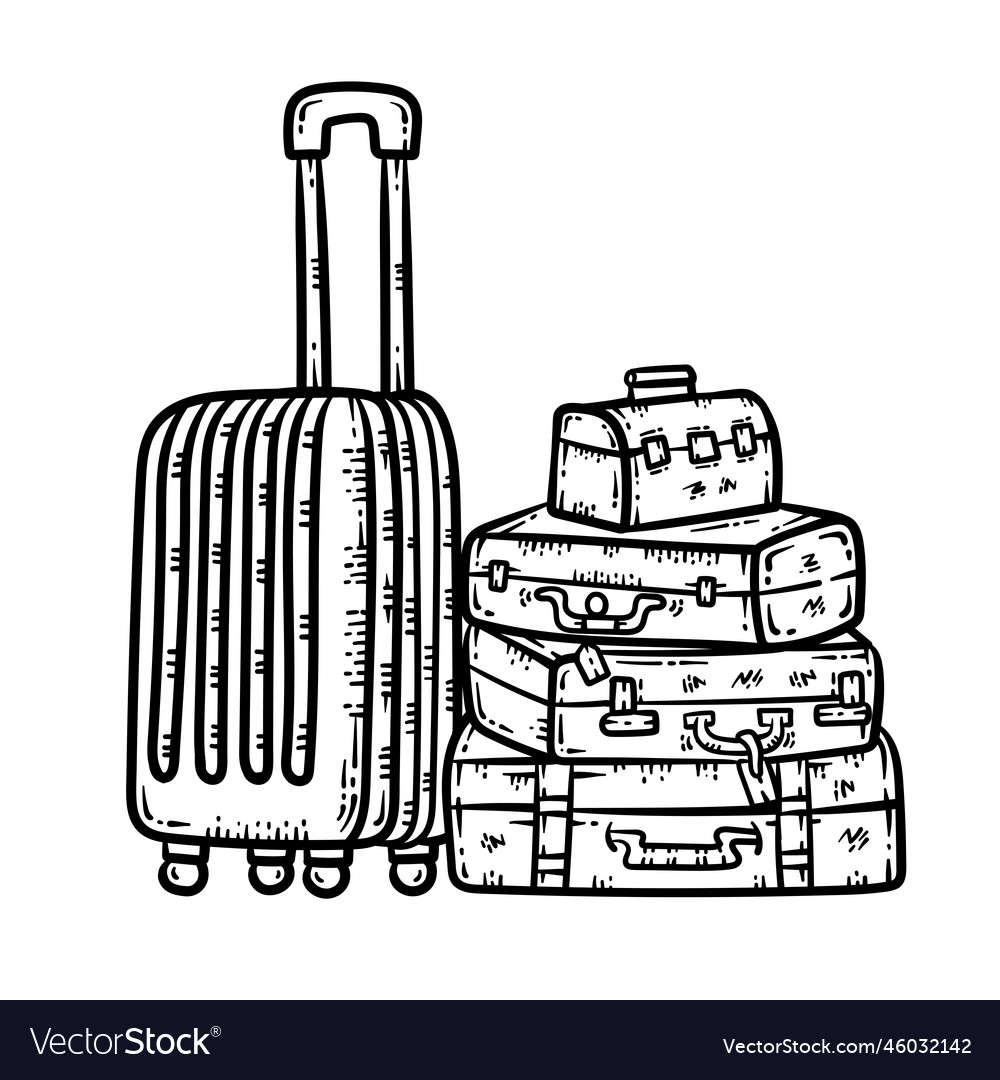 Summer travel suitcase line art coloring page vector image