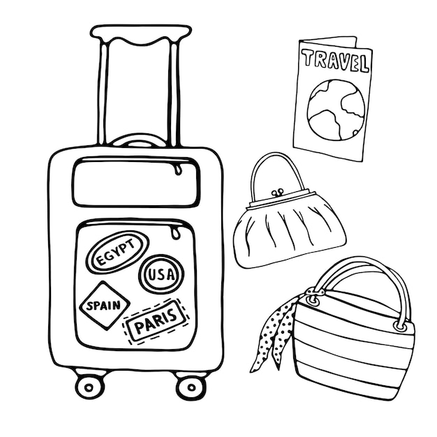 Premium vector hand drawn doodle sketch of wheeled travel suitcase with country stickers beach straw womens bag with a knitted pea scarf womens bag map guide summer holiday vacation illustration flat