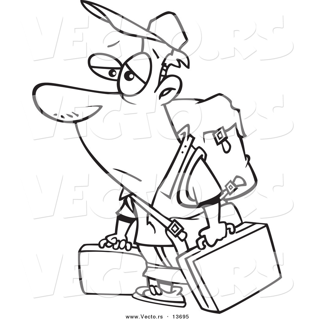 R of a cartoon tired male traveler carrying luggage