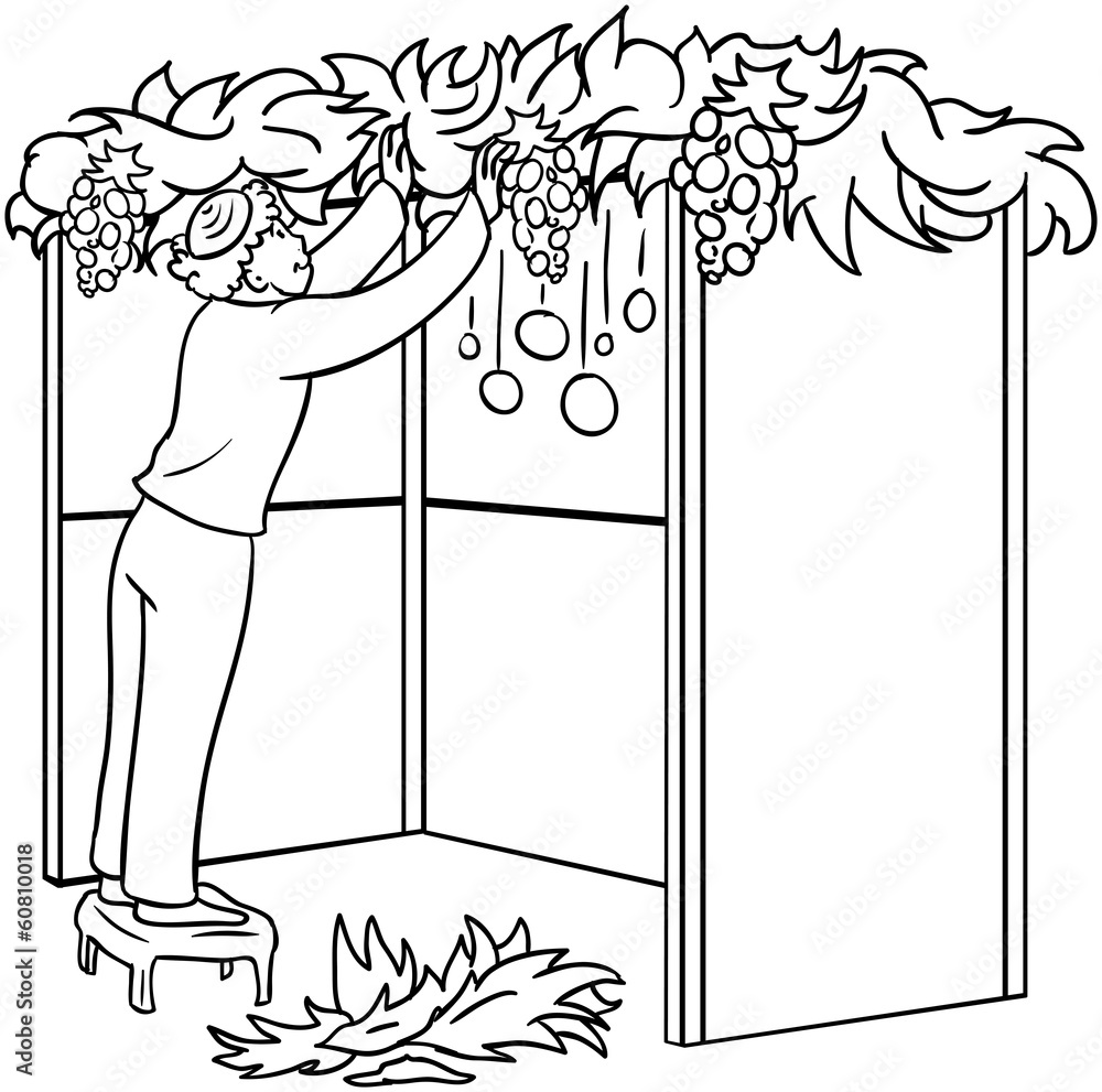 Jewish guy builds sukkah for sukkot coloring page vector