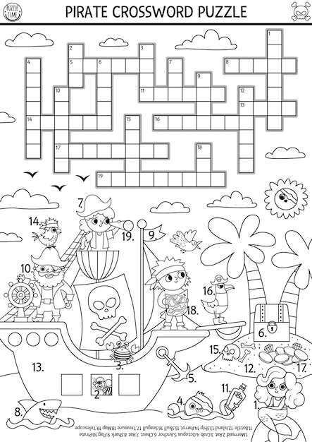 Premium vector black and white vector pirate crossword puzzle for kids simple line treasure island quiz with marine landscape for children educational activity or coloring page with ship crossbones animalsxa