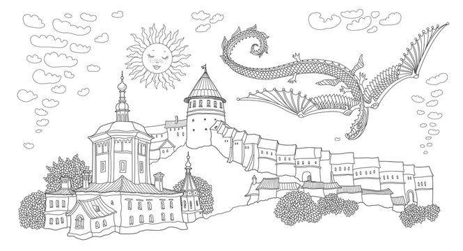 Vector cartoon fairy tale landscape with flying snake dragon hand drawn black and white doodle sketch of ancient russian medieval town with fort castle and church adults and children coloring book p