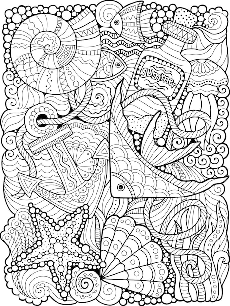 Premium vector summer coloring book for adult fantasy underwater sea life