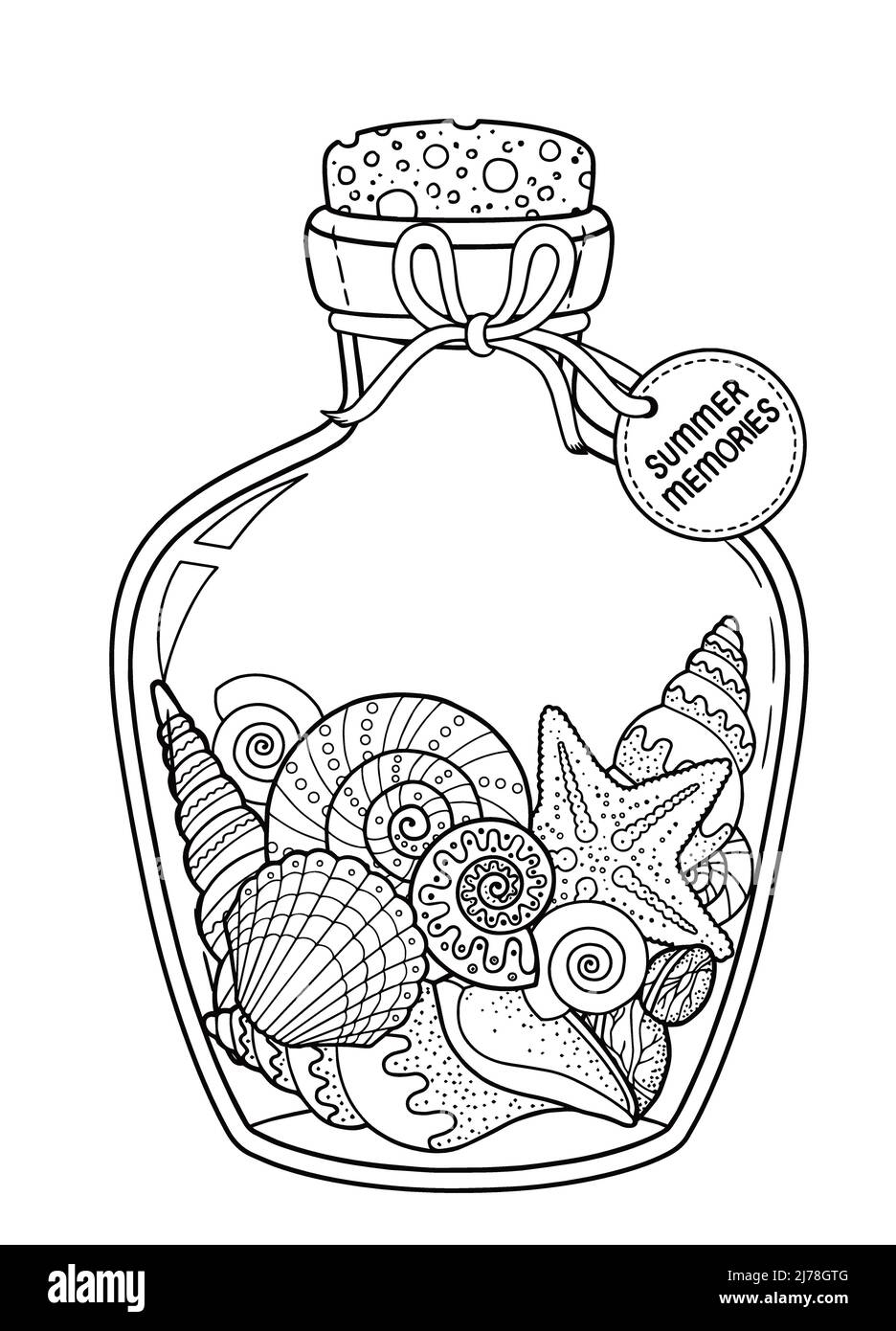 Vector coloring book page for adult set of seashell in a glass bottle for summer memories stock vector image art