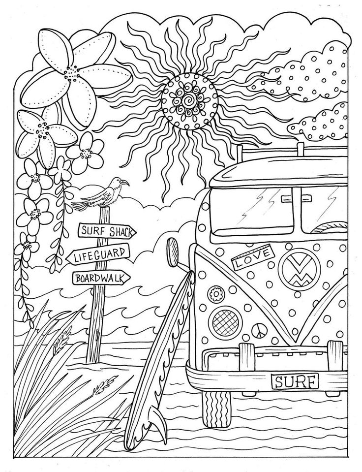 Pages beachy escape coloring digital color pages shells ocean surf tiki dolpjins palm trees instant downloads