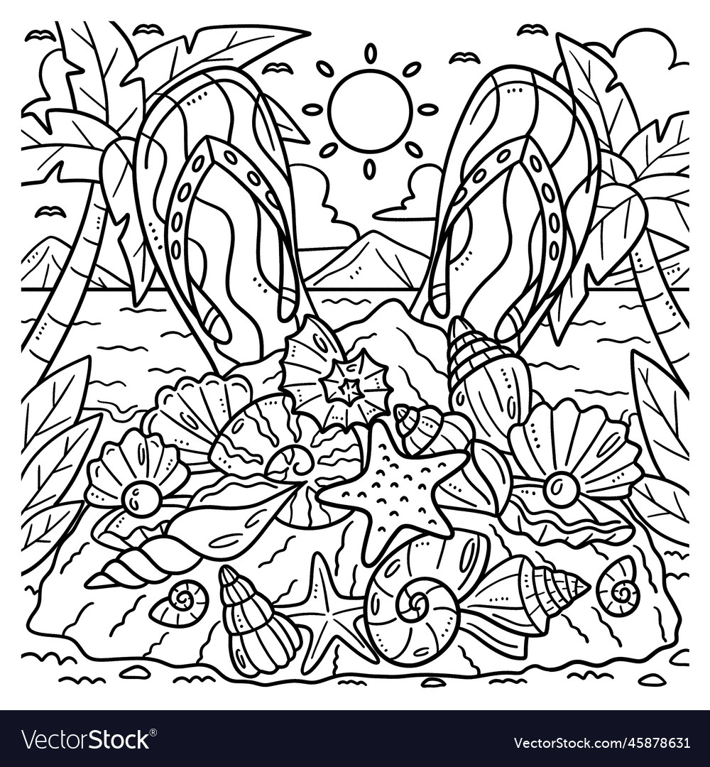 Summer slippers and seashells coloring page vector image