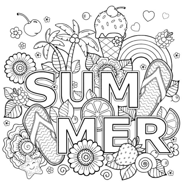 Hand drawn coloring book for adult summer holidays party and rest stock illustration