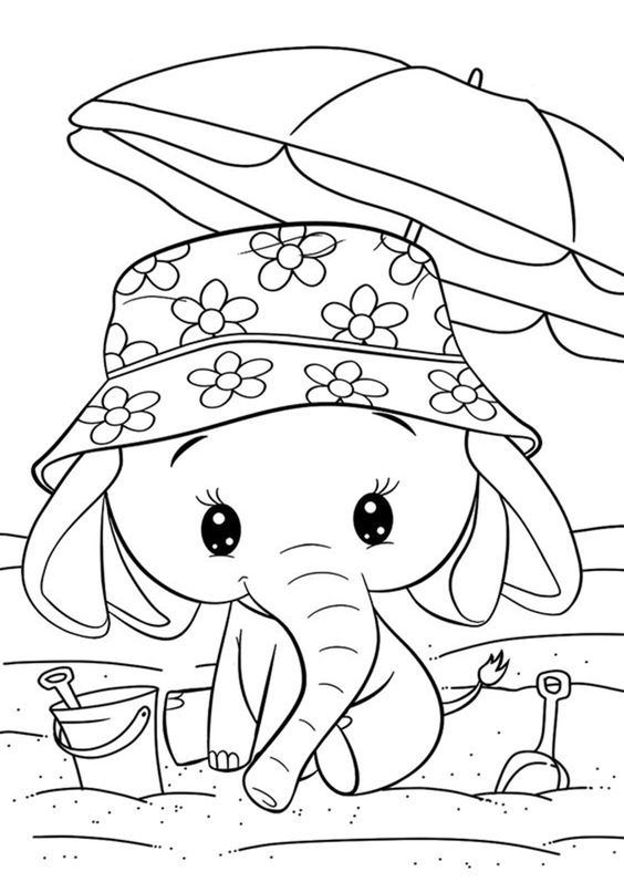 Cute baby elephant in summer coloring page