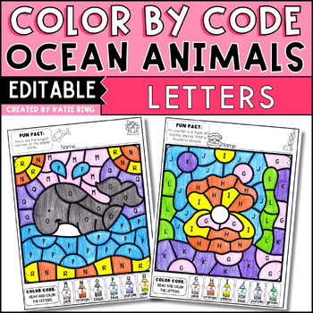 Ocean animals color by letter summer coloring pages editable activities