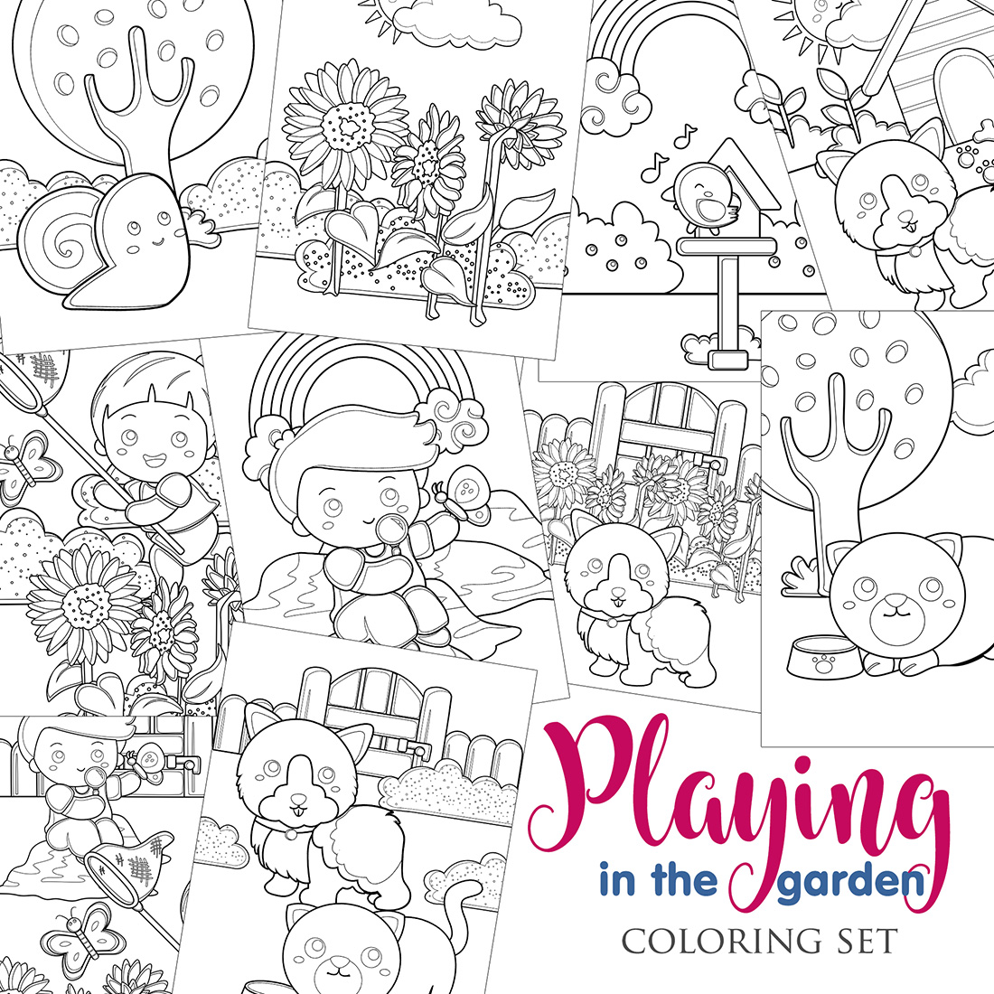 Kids boy and girl playing in the garden with animals on summer holiday coloring set