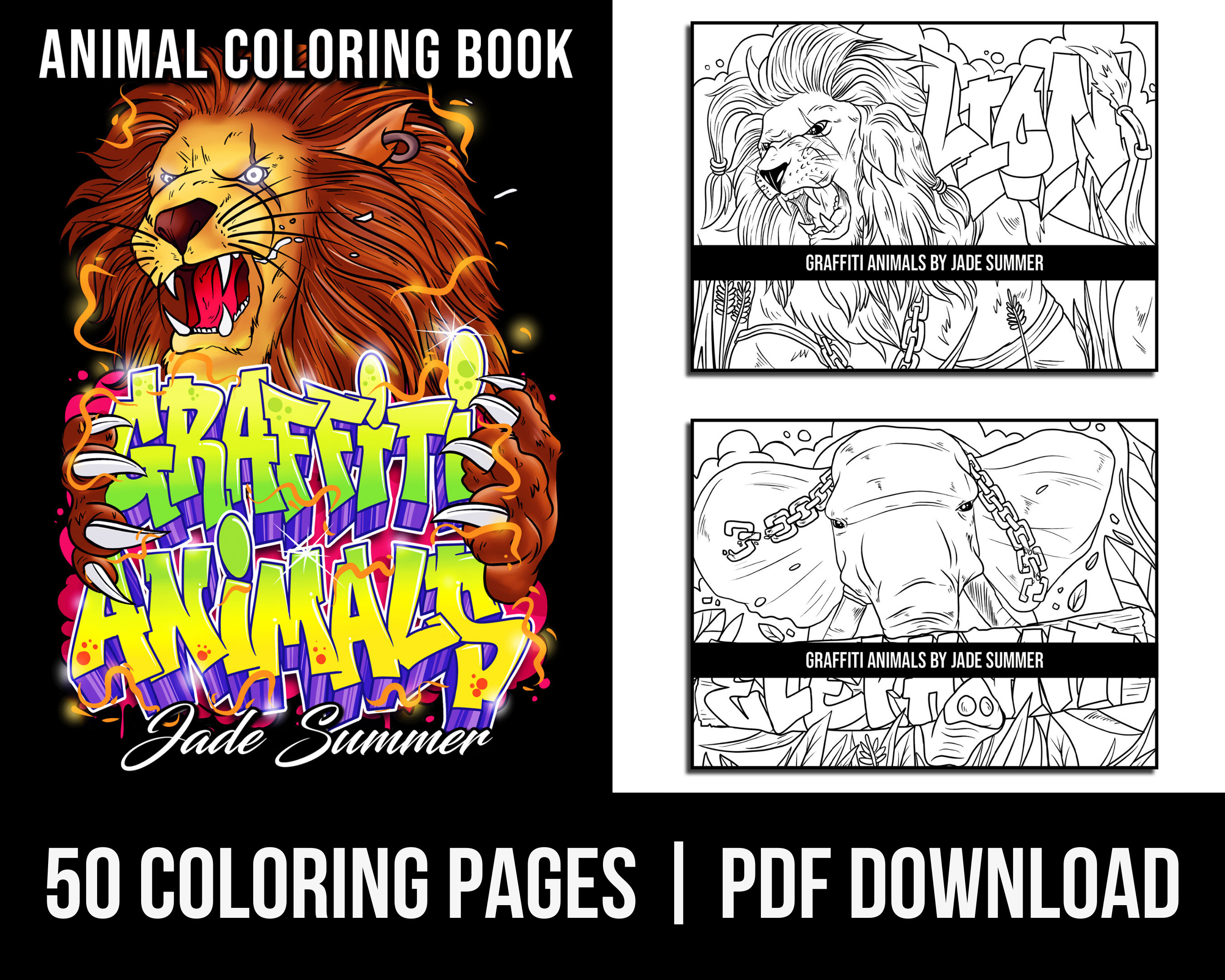 Animal coloring pages graffiti animals adult coloring book by jade summer digital coloring pages printable pdf download