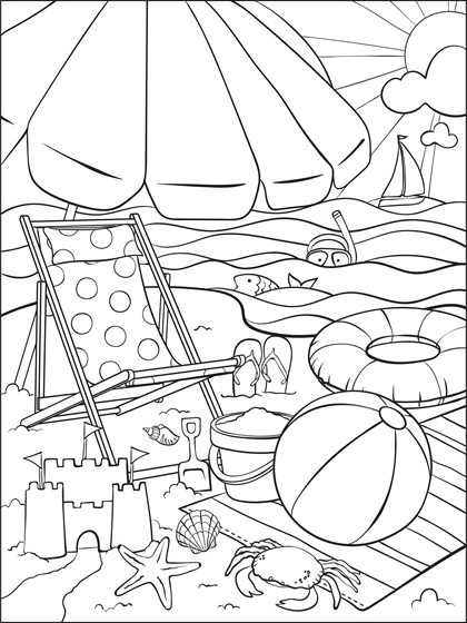 At the beach coloring page