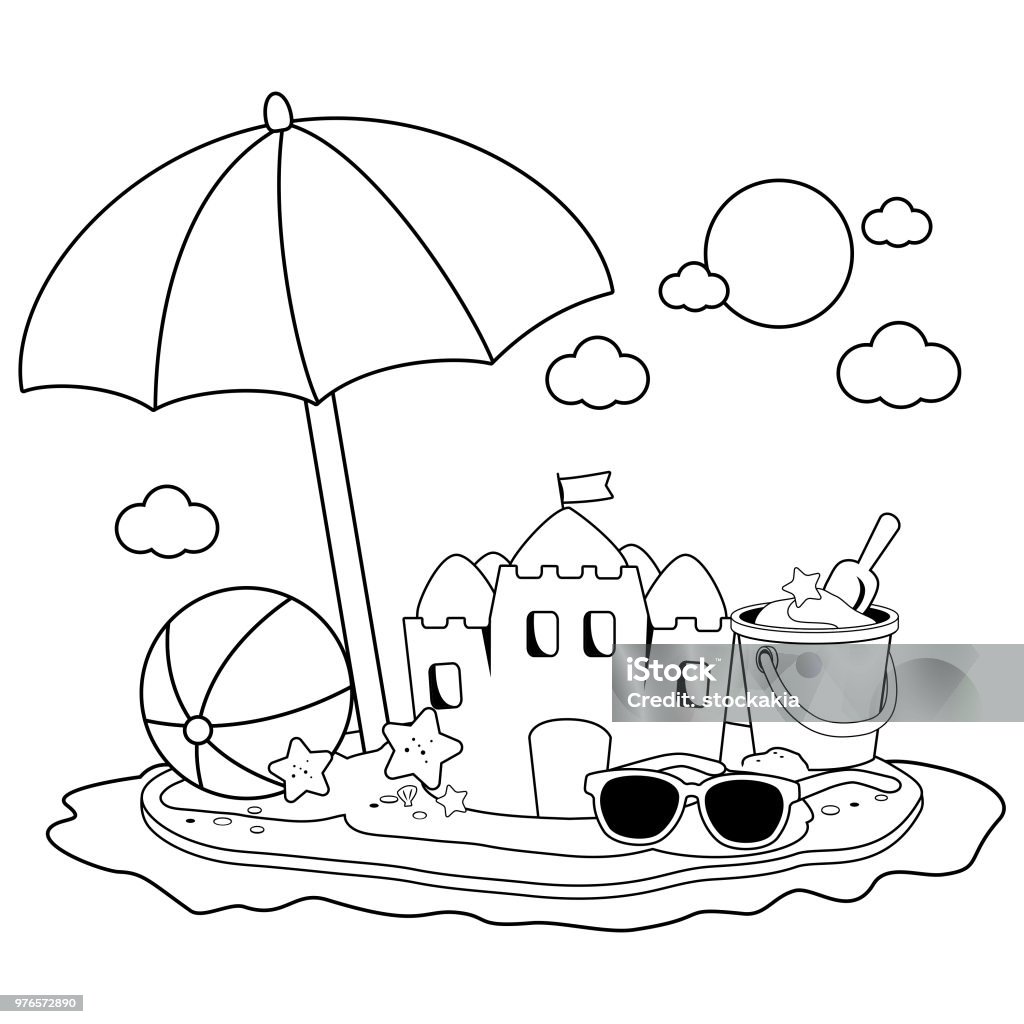 Summer vacation island with beach umbrella a sandcastle and other beach toys black and white coloring book page stock illustration