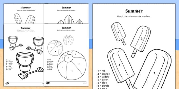 Summer lour by number printable worksheets