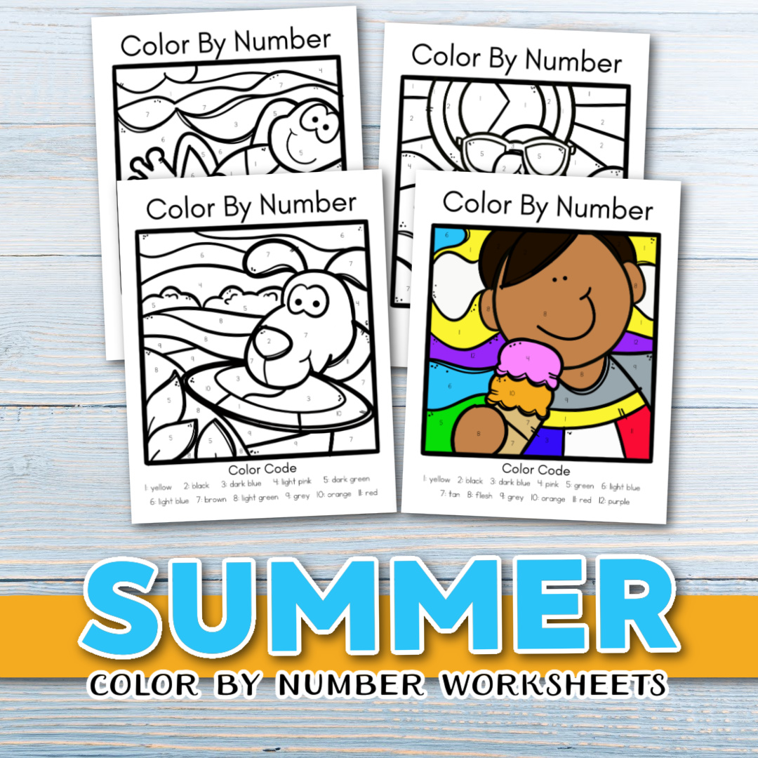 Summer themed color by number worksheets free printables