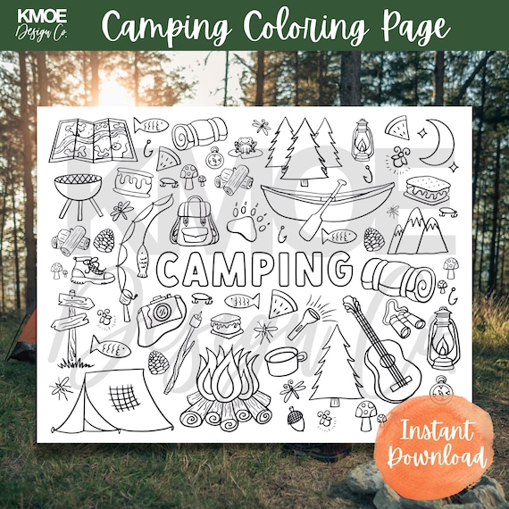 Camping summer coloring pages for kids printable coloring pages doodle coloring book summer kids activity smores fishing summer camp fish