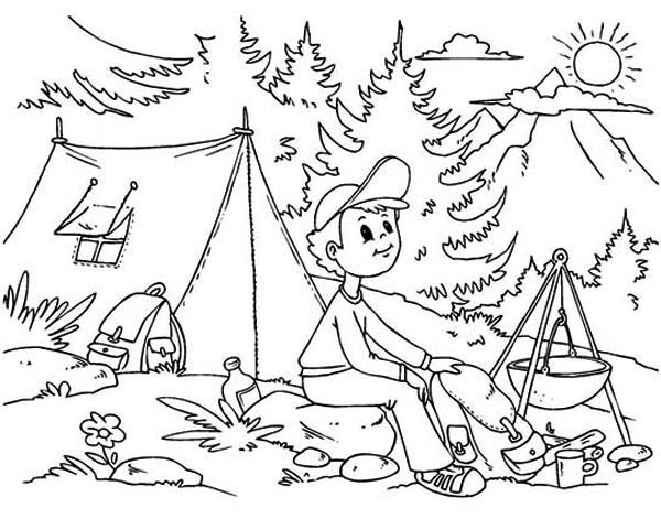 A boy sitting at summer camp coloring page