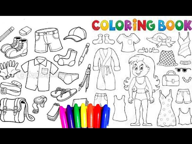 Coloring pages of beautiful suer dresses and boys clothes back to school for children