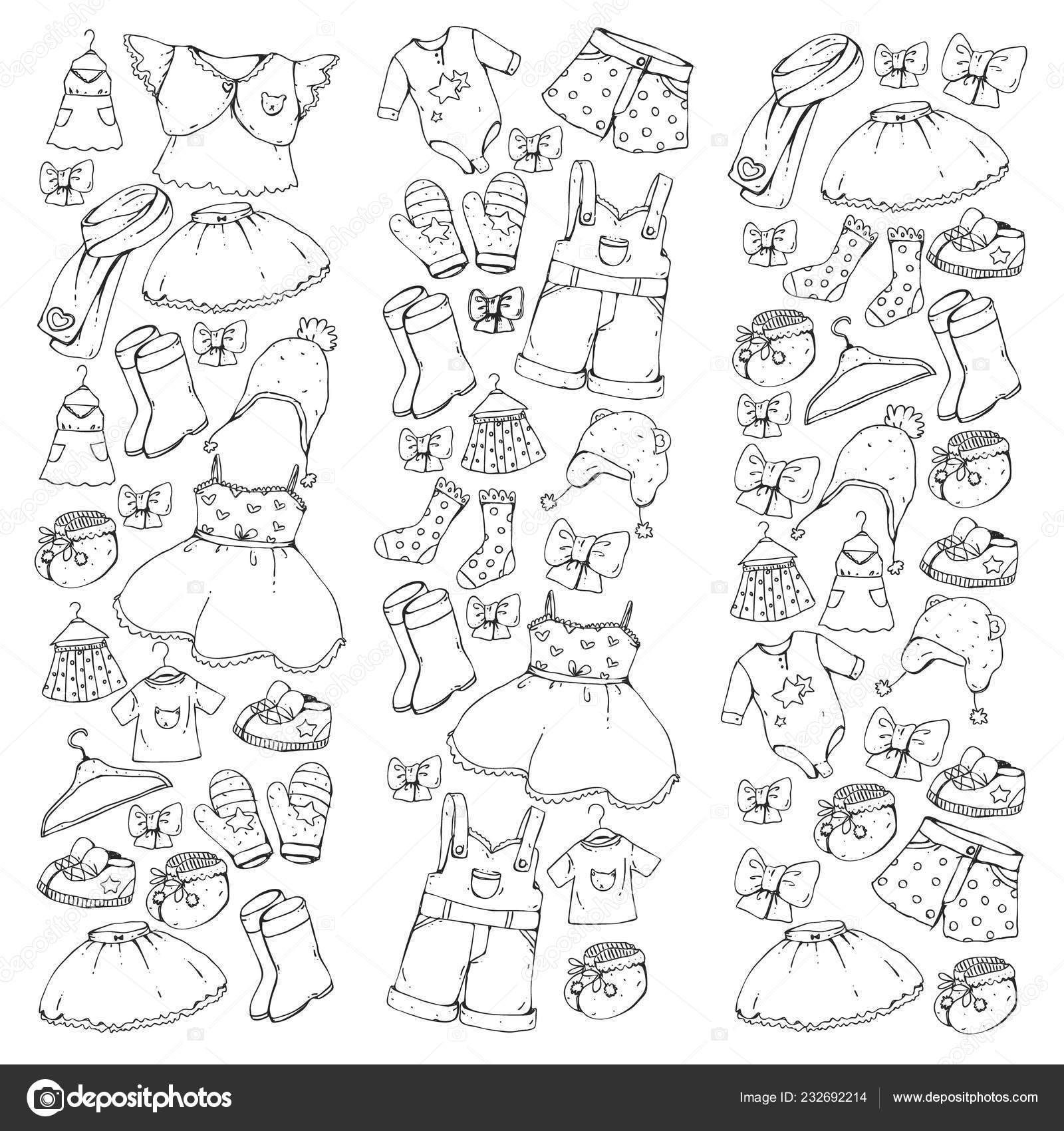 Children clothing and fashion dress skirt shorts scarf trousers for boys and girls kids fashion summer winter spring autumn sale elements for coloring pages stock vector by helenf