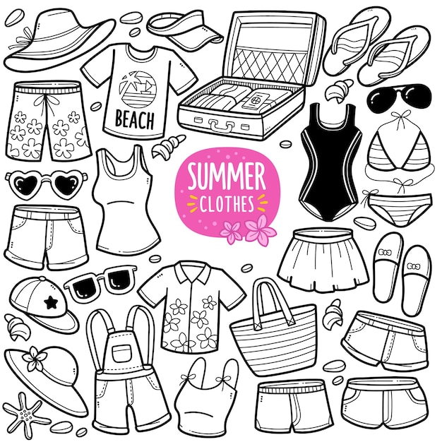 Premium vector summer clothes and accessories black and white doodle illustration