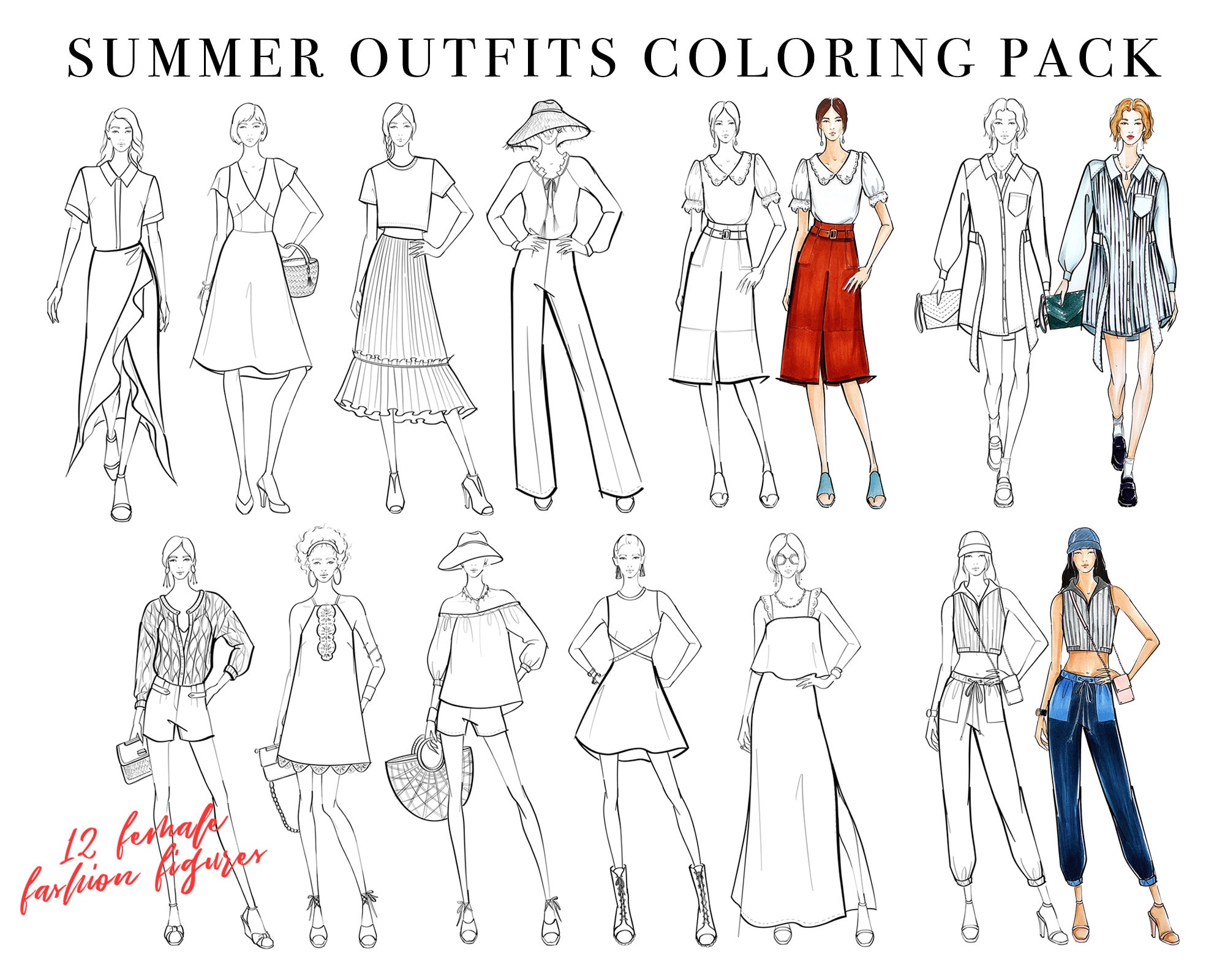 Summer outfits colouring pack vol coloring page female fashion figure template fashion illustration fashion sketch fashion draw instant download