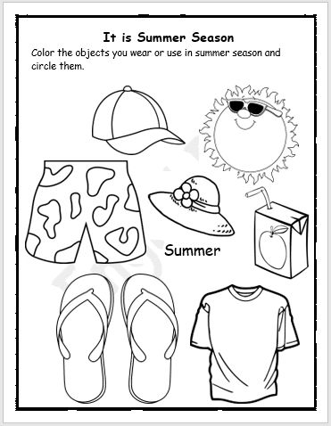 Summer season clothes coloring worksheet