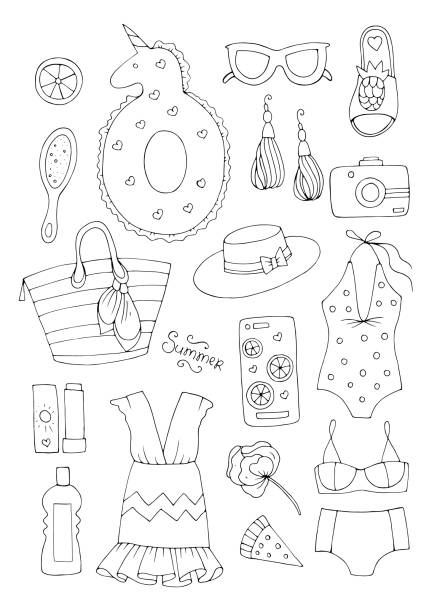 Vector hand drawn set icons signs summer fashion beachwear and accessories collection summer elements for summer holiday and party set collection for design coloring page isolated on white back stock illustration