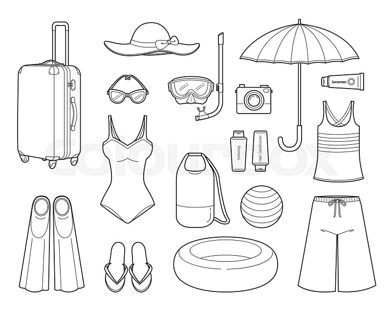 Clothes and necessities for summer season travel trip outline stock vector