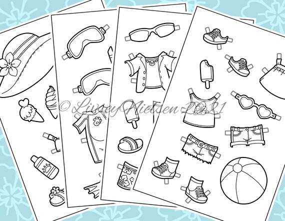 Beach holiday paper doll printable download bw colouring pages