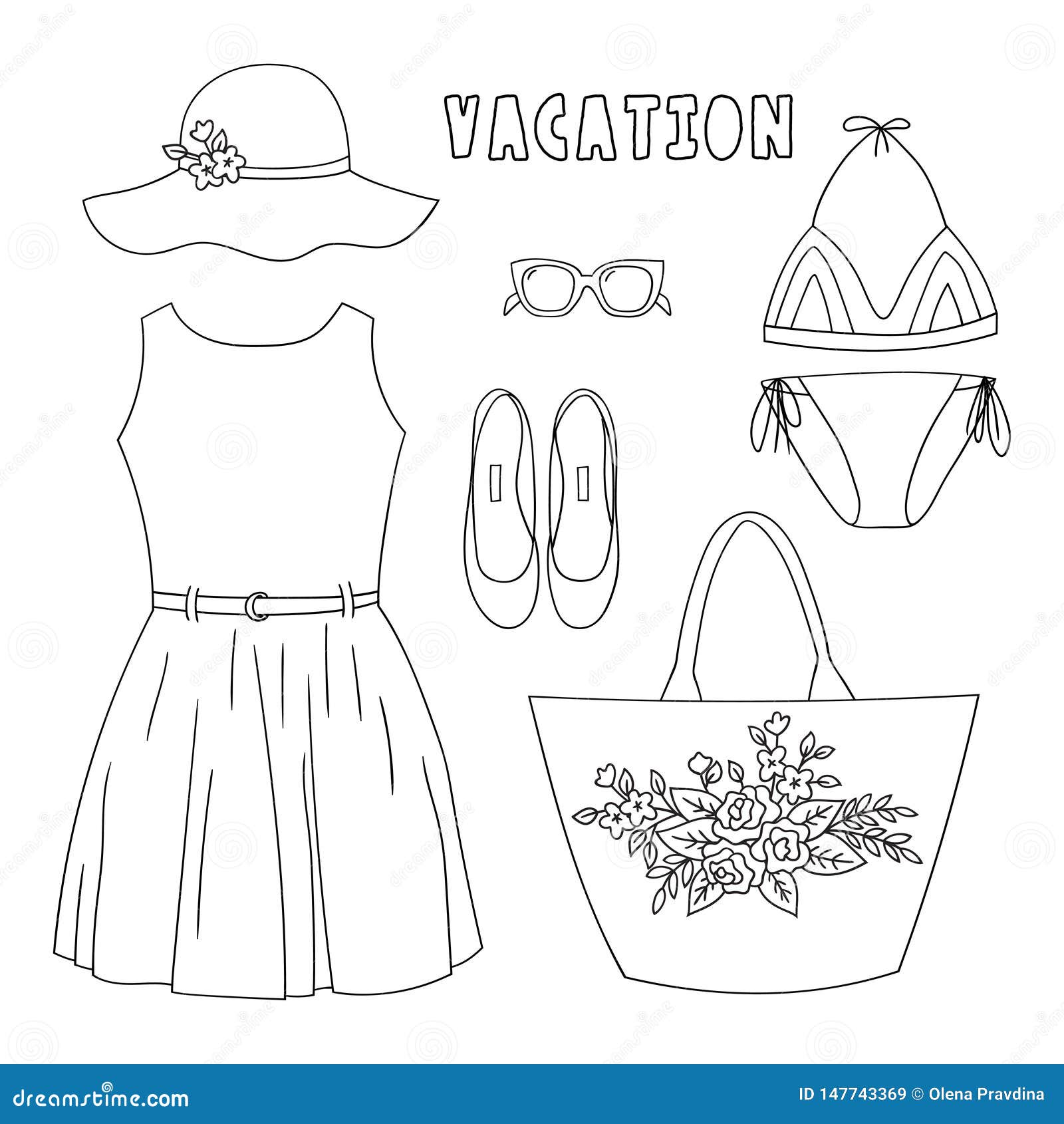 Fashionable summer womens wardrobeset of clothes and accessories in doodle style stock vector