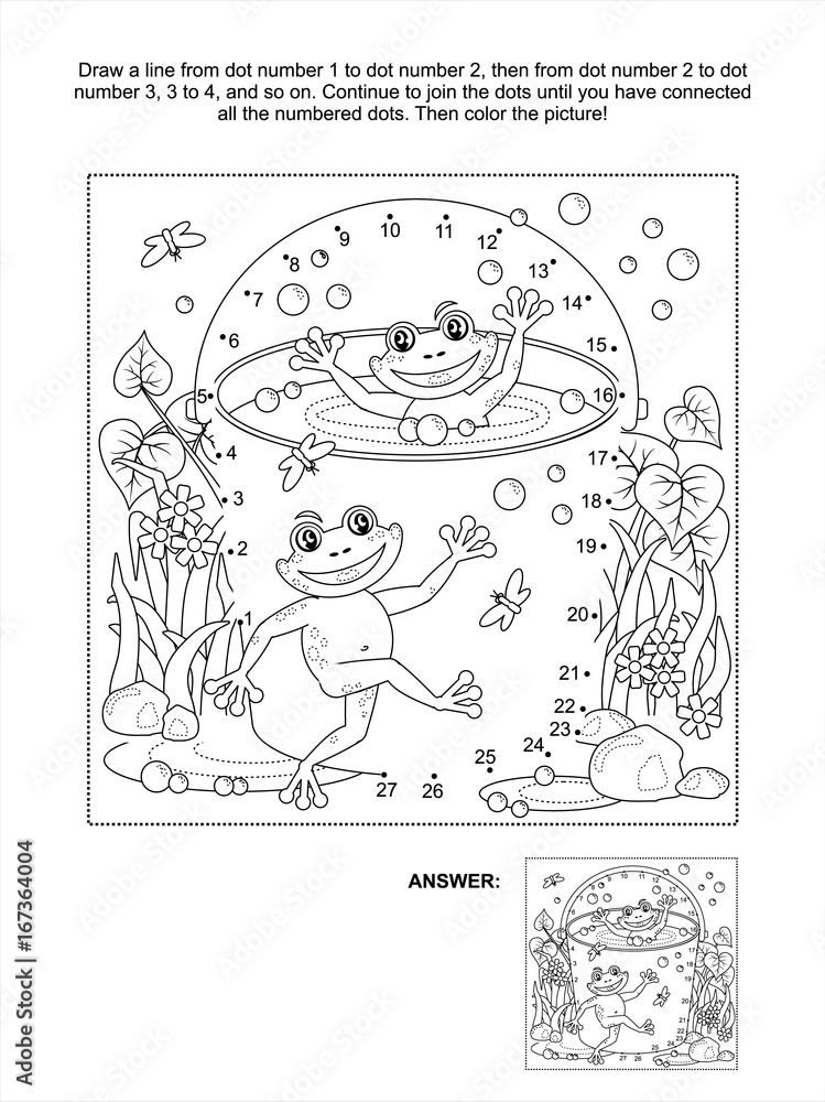 Connect the dots picture puzzle and coloring page spring or summer joy themed with happy frogs bucket full of water bubbles puddles grass flowers insects vector