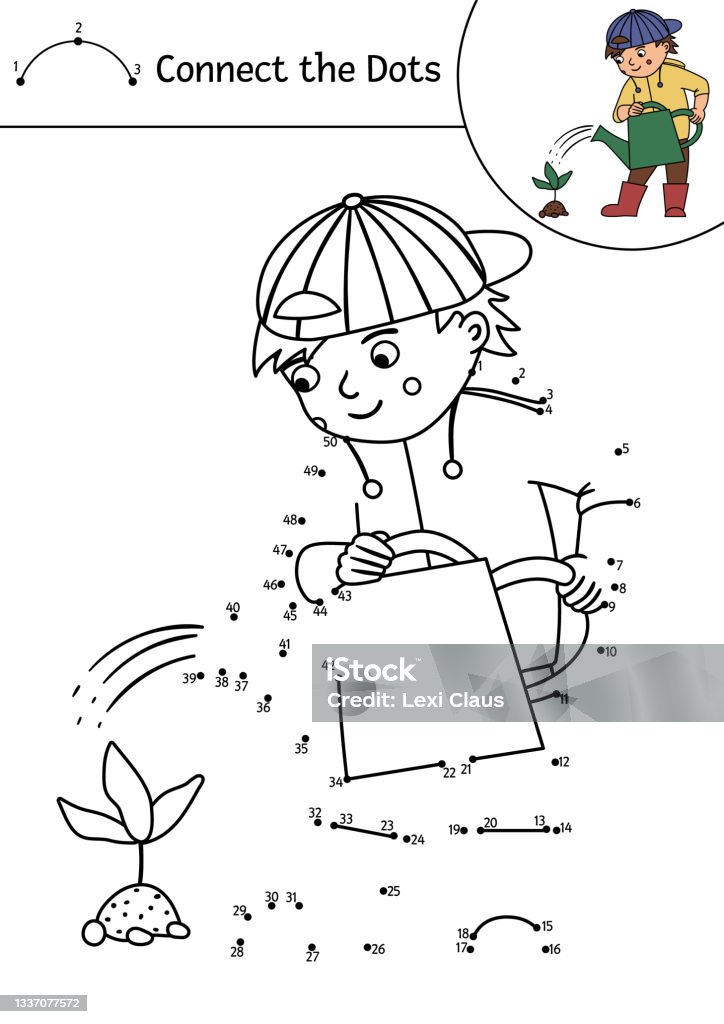 Vector dottodot and color activity with cute boy watering baby plant spring or summer connect the dots game for children garden themed printable worksheet or coloring page for kids stock illustration