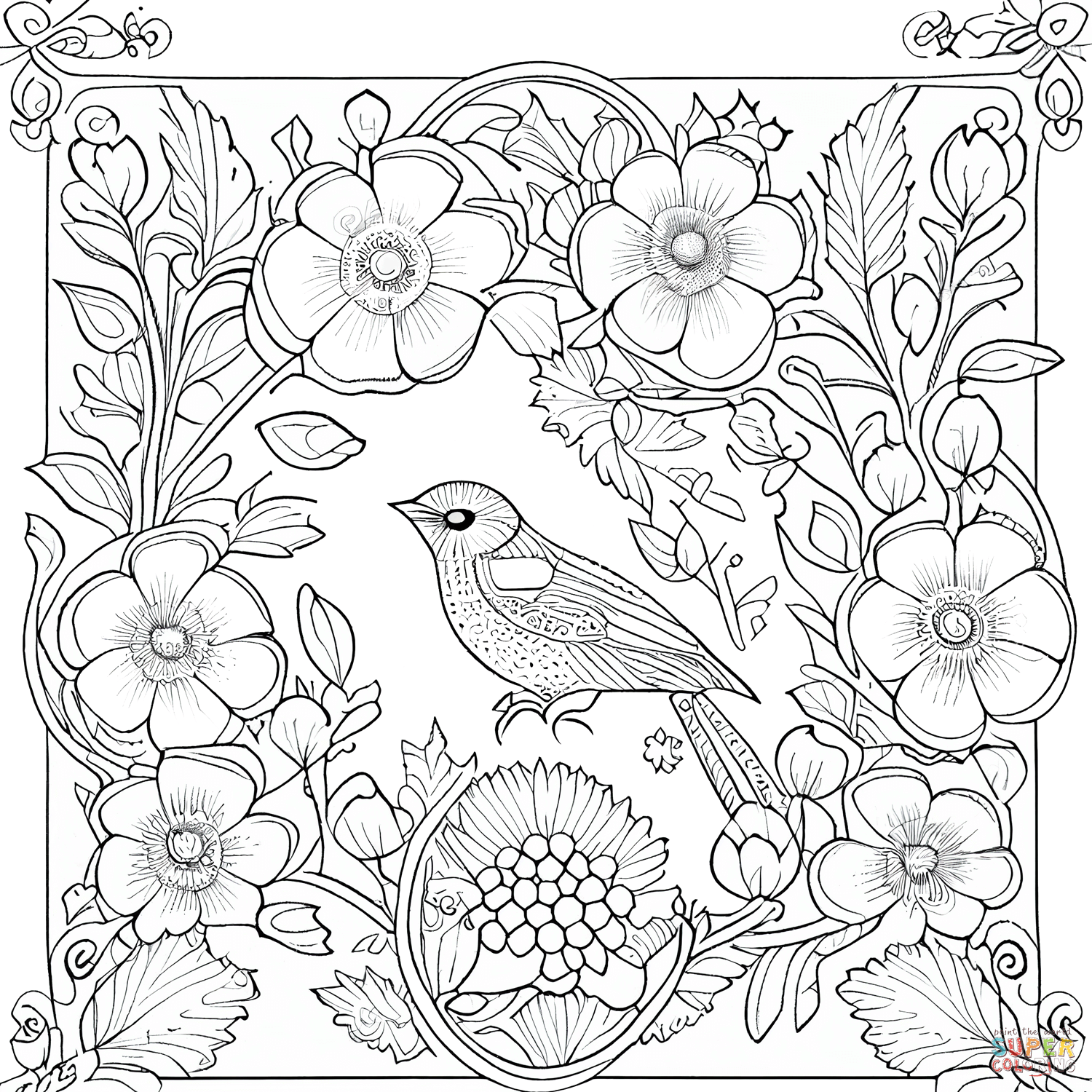 Bird in summer flowers coloring page free printable coloring pages