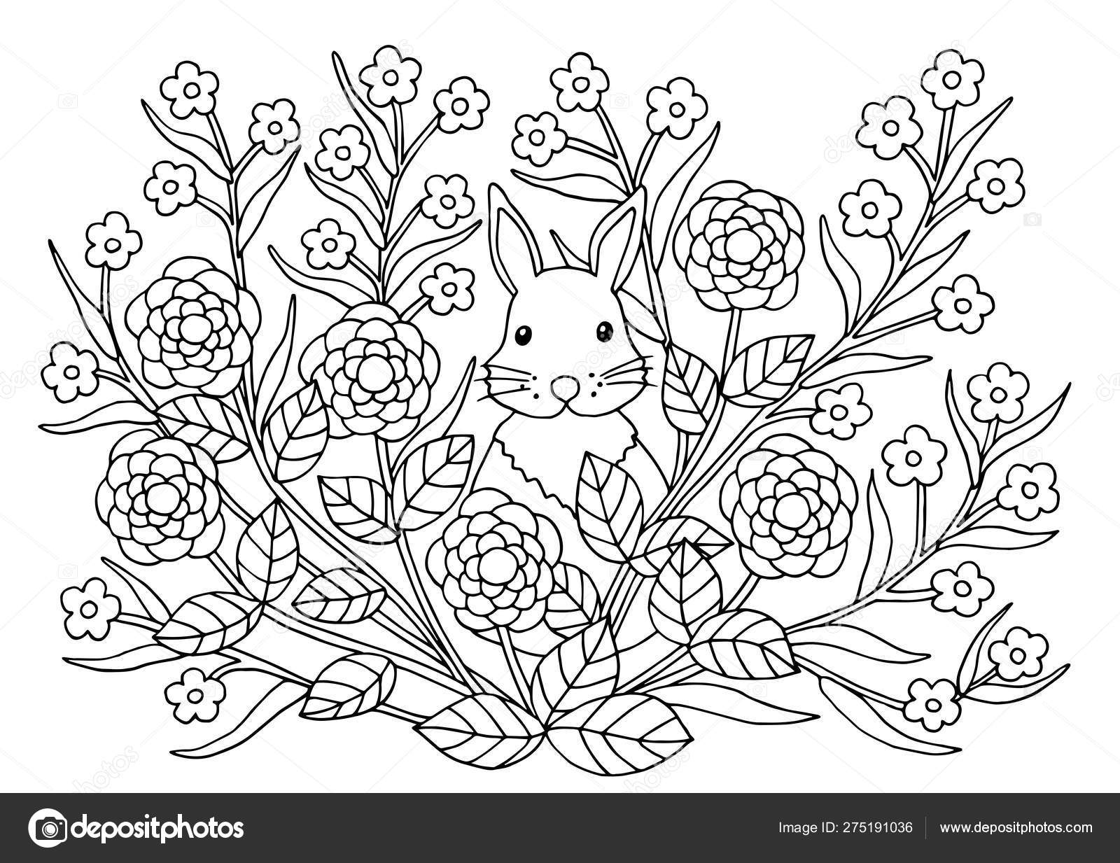 Coloring page with flowers and rabbit stock vector by elvirkindomyandexru