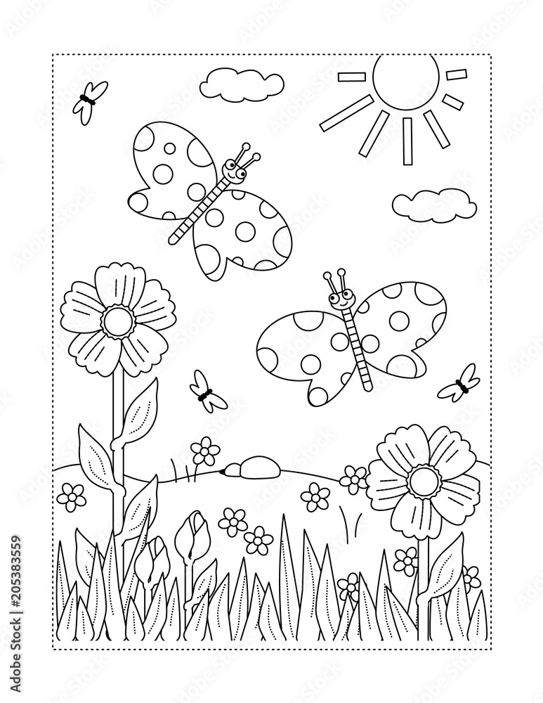 Spring or summer joy themed coloring page with butterflies flowers grass vector
