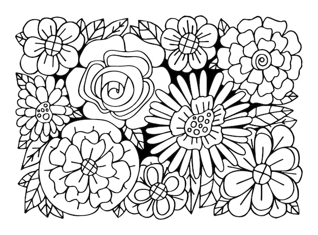 Premium vector coloring page bouquet of flowers thin line art floral pattern of garden plants hand drawn vector illustration simple doodle summer coloring book for children and adults