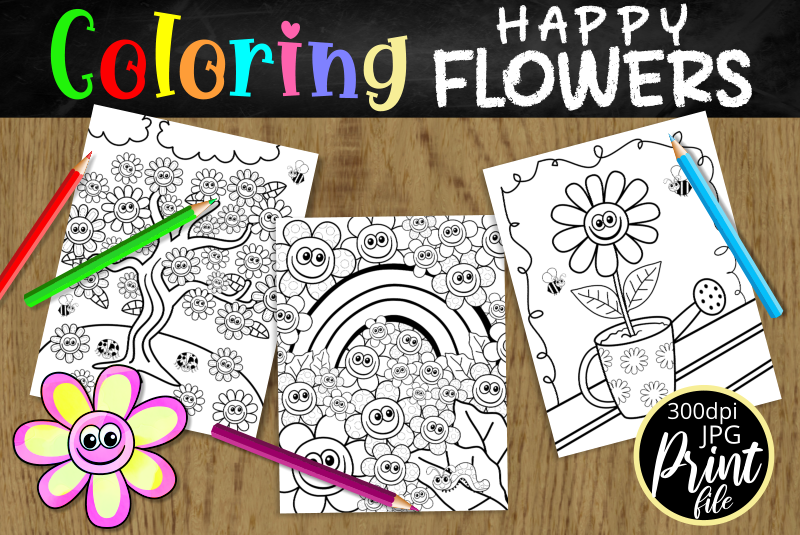 Happy flowers kids coloring pages