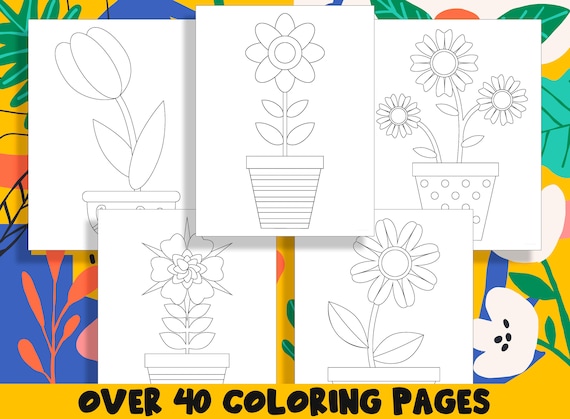 Summer flowers in pots coloring book printable flower coloring pages for kids teaching materials stress relief and relaxation