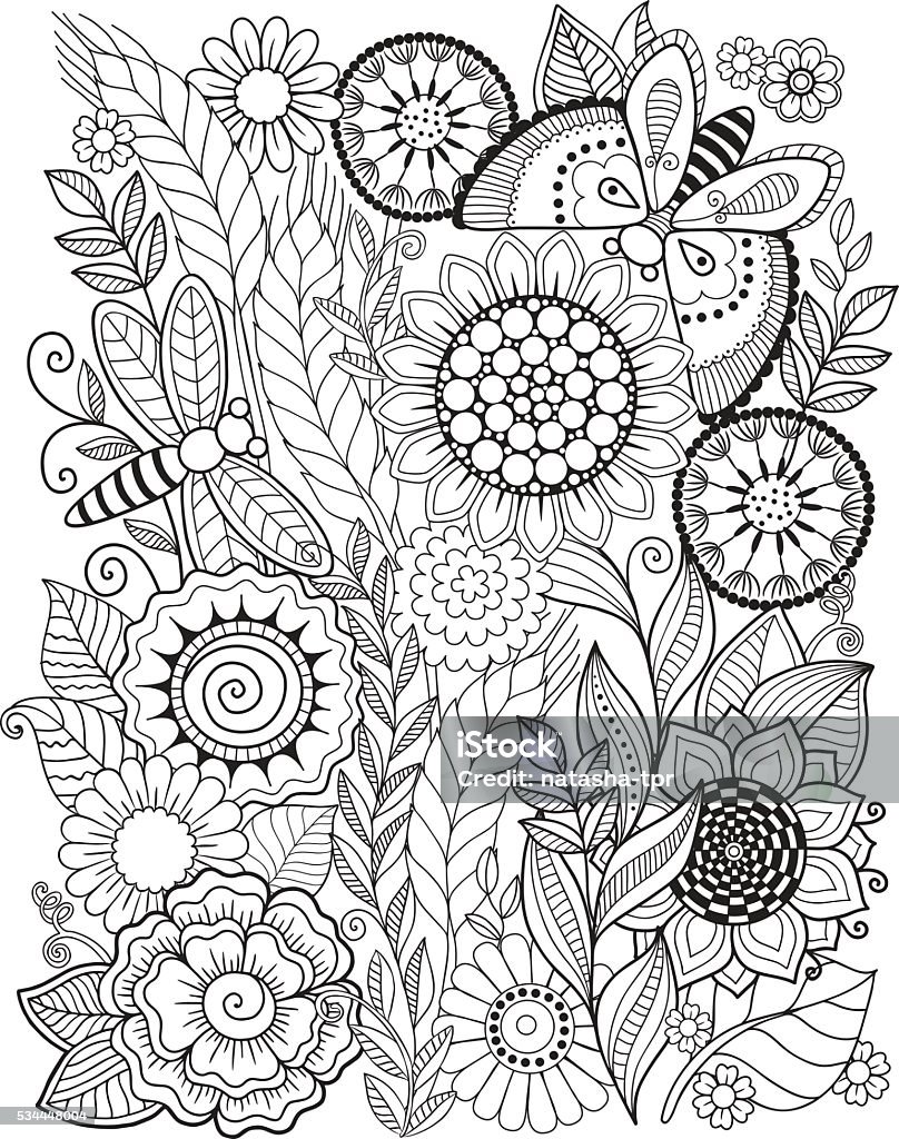 Summer flowers coloring book for adult stock illustration