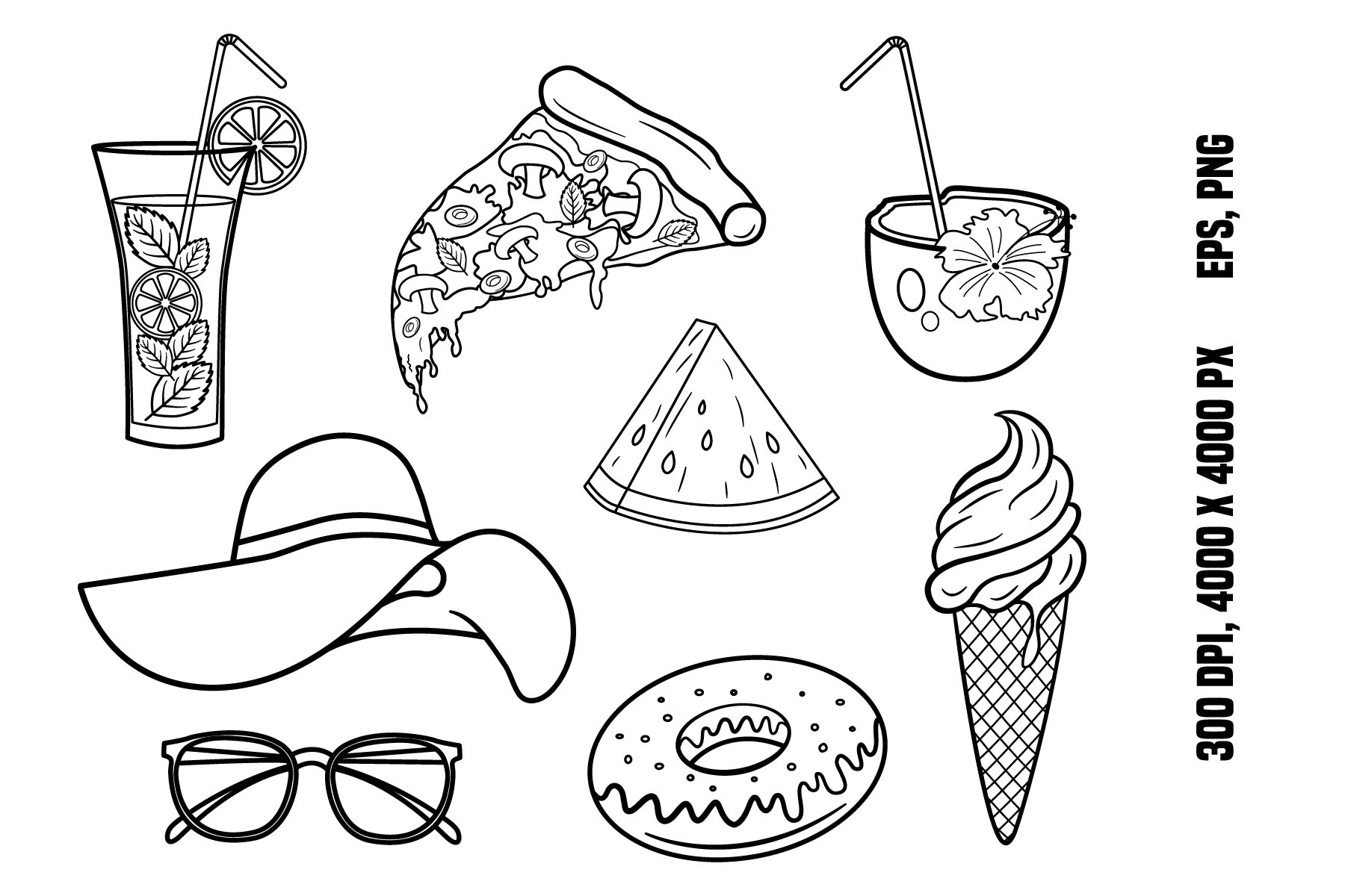 Set of cartoon summer elements for coloring