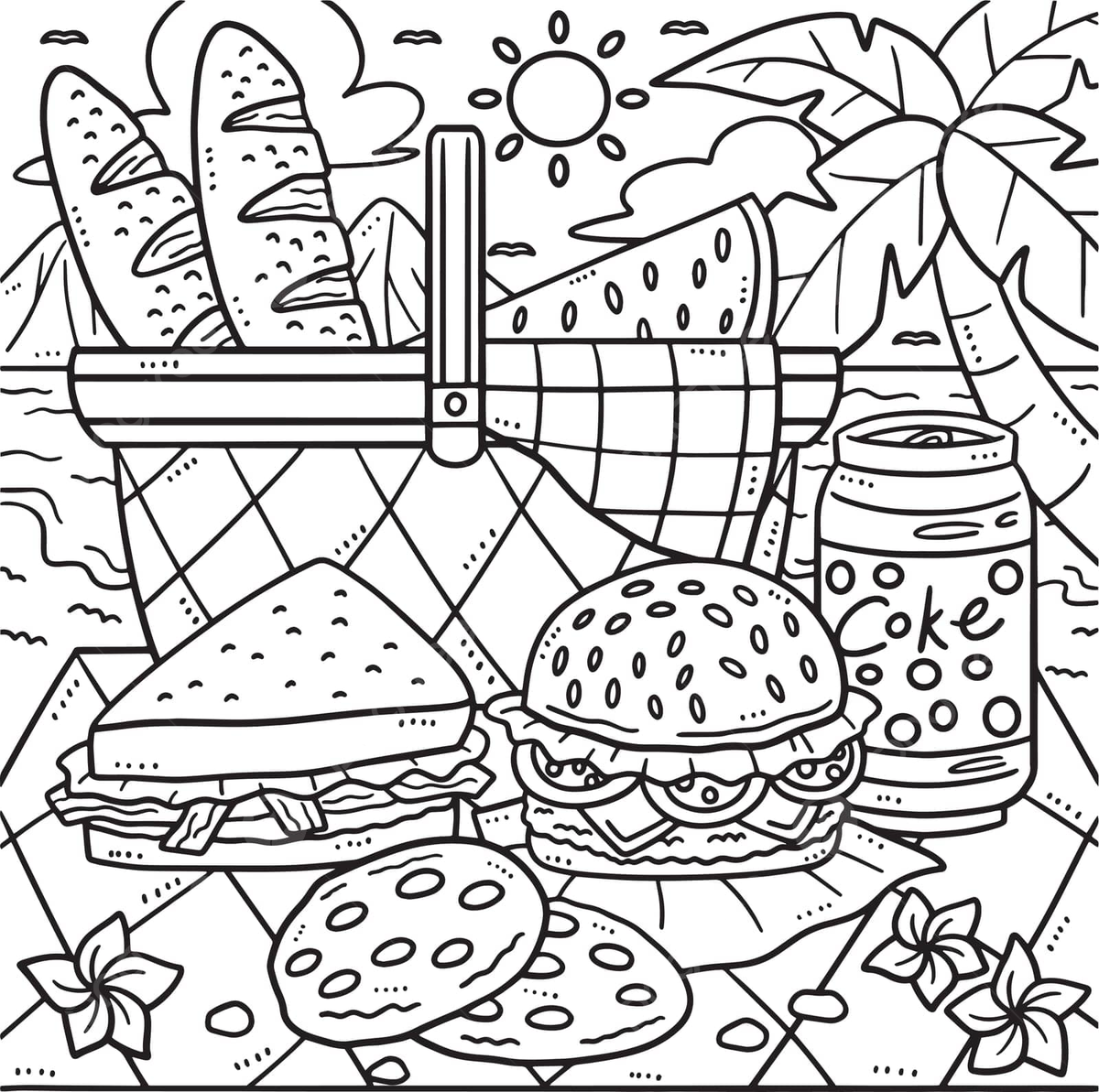 Coloring page of food for a shoreside summer picnic vector food drawing summer drawing picnic drawing png and vector with transparent background for free download