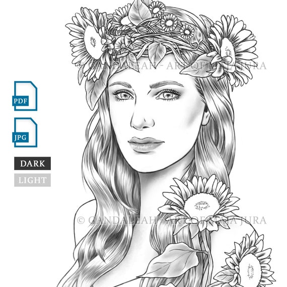 Lady summer gandaleah coloring pages printable adult women cute colouring page book instant download grayscale illustration pdf jpg download now