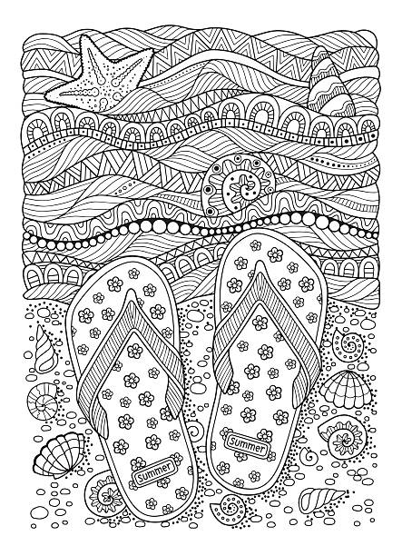 Coloring book for adult sea beach slippers sand and shell stock illustration