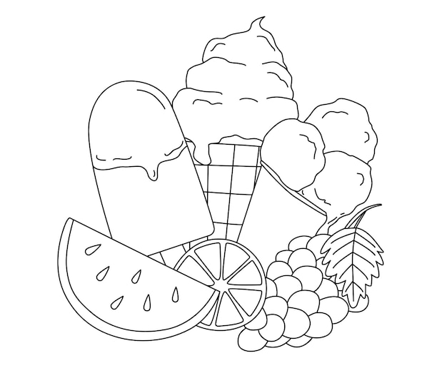 Premium vector ice cream and fruit coloring page vector contour abstract coloring book antistress