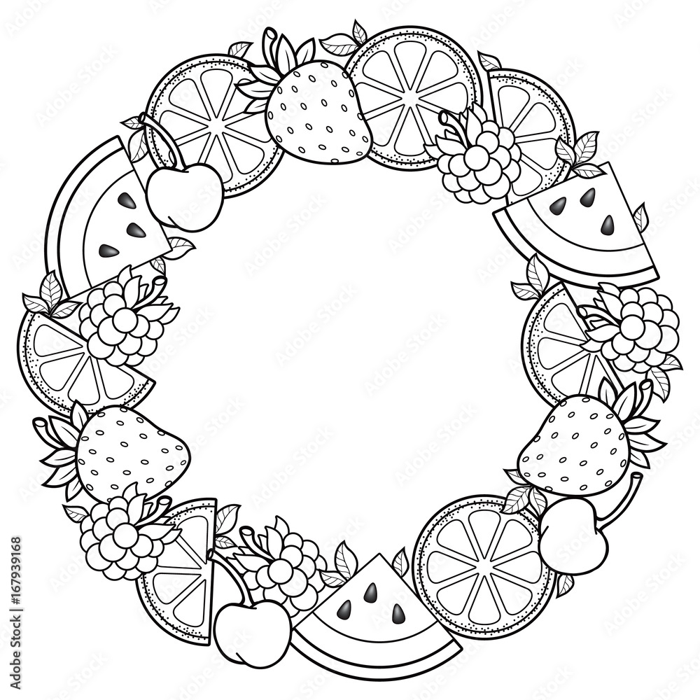 Round fruits frame hello summer watermelon cherry raspberry blueberry strawberry orange lemon coloring page for adult illustration